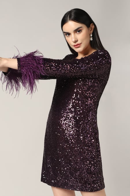 Buy_Pooja Peshoria_Purple Polyester Feathers Square Neck Brinjal Sequin Dress 