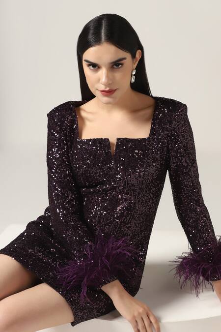 Shop_Pooja Peshoria_Purple Polyester Feathers Square Neck Brinjal Sequin Dress 