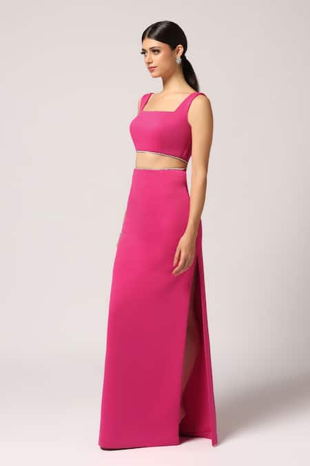 Buy_Pooja Peshoria_Pink Crepe Square Neck Designer Cutout Dress _Online_at_Aza_Fashions