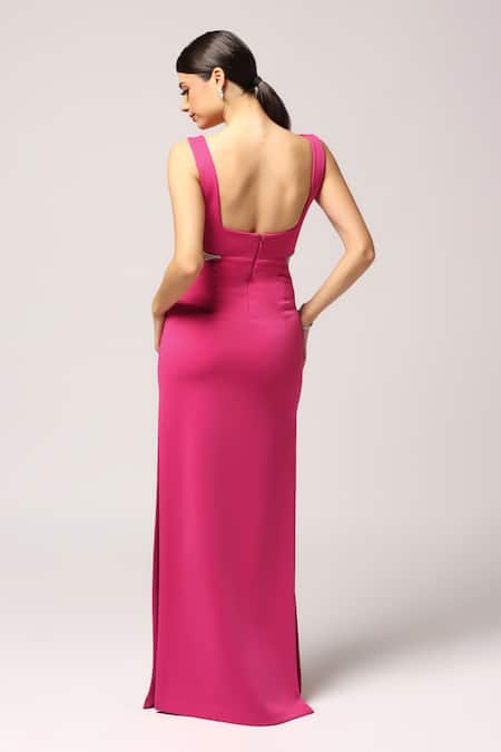 Pooja Peshoria_Pink Crepe Square Neck Designer Cutout Dress _at_Aza_Fashions