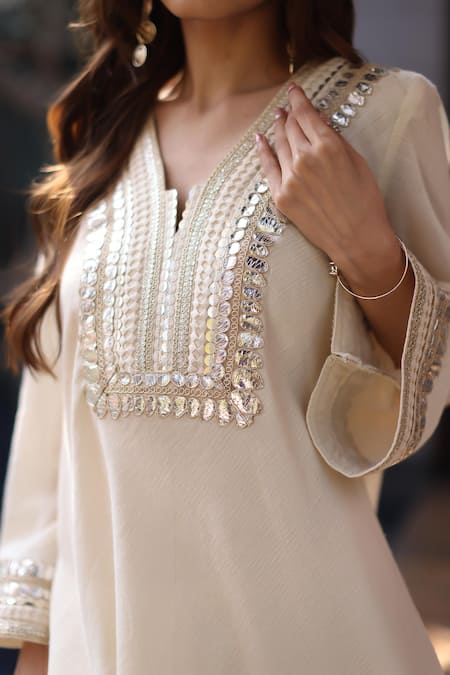 Buy_Nazar By Indu_Ivory Cotton, Georgette Sequins V-neck Designer Tunic And Tapered Pant Set _Online_at_Aza_Fashions