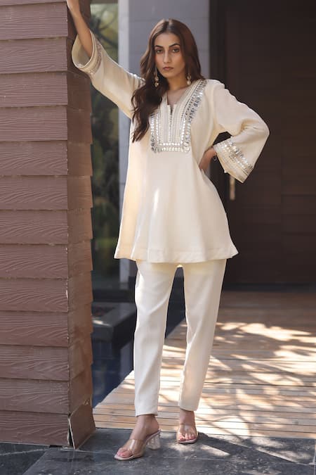 Shop_Nazar By Indu_Ivory Cotton, Georgette Sequins V-neck Designer Tunic And Tapered Pant Set _Online_at_Aza_Fashions