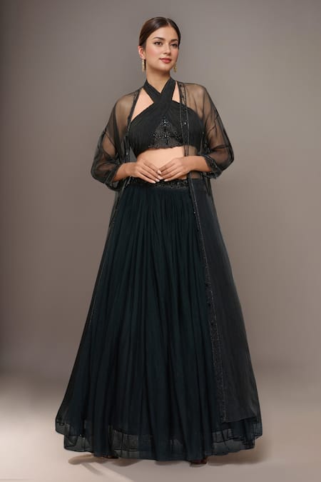 Samyukta Singhania Black Net, Organza, Crepe, Hand Embellished Ruched Blouse Lehenga Set 