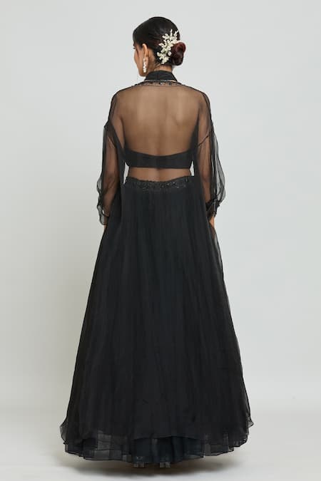 Shop Samyukta Singhania Black Net, Organza, Crepe, Hand Embellished Ruched Blouse Lehenga Set at Aza Fashions Shop_Samyukta Singhania_Black Net, Organza, Crepe, Hand Embellished Ruched Blouse Lehenga Set _at_Aza_Fashions