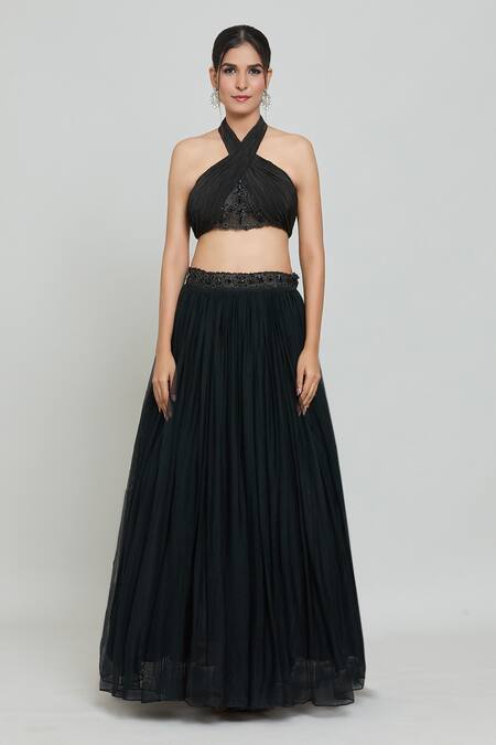 Buy Samyukta Singhania Black Net, Organza, Crepe, Hand Embellished Ruched Blouse Lehenga Set Online at Aza Fashions Buy_Samyukta Singhania_Black Net, Organza, Crepe, Hand Embellished Ruched Blouse Lehenga Set _Online_at_Aza_Fashions