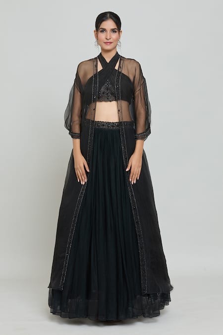 Shop Samyukta Singhania Black Net, Organza, Crepe, Hand Embellished Ruched Blouse Lehenga Set Online at Aza Fashions Shop_Samyukta Singhania_Black Net, Organza, Crepe, Hand Embellished Ruched Blouse Lehenga Set _Online_at_Aza_Fashions