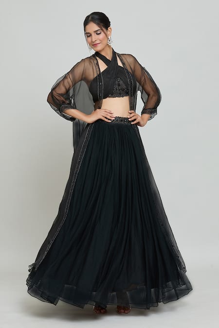 Samyukta Singhania Black Net, Organza, Crepe, Hand Embellished Ruched Blouse Lehenga Set at Aza Fashions Samyukta Singhania_Black Net, Organza, Crepe, Hand Embellished Ruched Blouse Lehenga Set _at_Aza_Fashions