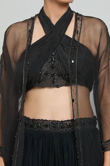 Buy Samyukta Singhania Black Net, Organza, Crepe, Hand Embellished Ruched Blouse Lehenga Set Buy_Samyukta Singhania_Black Net, Organza, Crepe, Hand Embellished Ruched Blouse Lehenga Set