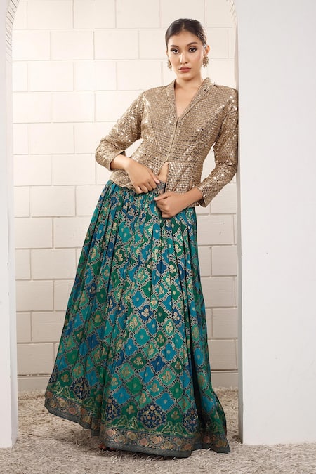 Anita Kanwal Gold Silk Sequins, Embroidery Blazer And Printed Skirt Set 