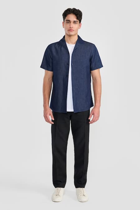 Perona Navy Linen, Cotton Designer Charlie Shirt Online at Aza Fashions Perona_Navy Linen, Cotton Designer Charlie Shirt _Online_at_Aza_Fashions