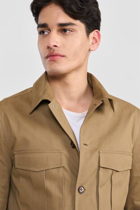 Perona_Brown Tencel, Cotton Tobacco Derel Designer Jacket _at_Aza_Fashions