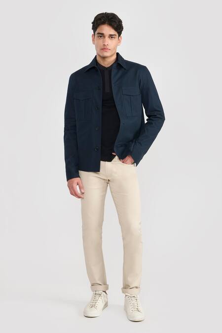 Perona_Navy Tencel, Cotton Derel Designer Jacket _Online_at_Aza_Fashions