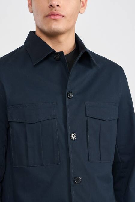 Shop_Perona_Navy Tencel, Cotton Derel Designer Jacket _Online_at_Aza_Fashions