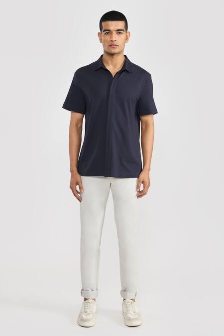 Buy_Perona_Navy Cotton Designer Shirt _Online_at_Aza_Fashions