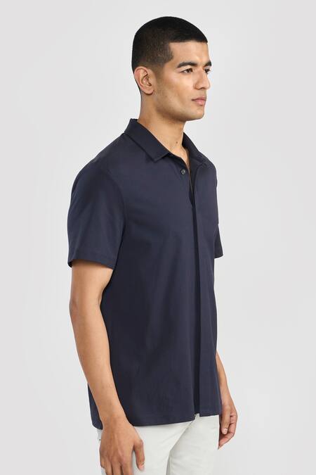 Shop_Perona_Navy Cotton Designer Shirt _Online_at_Aza_Fashions