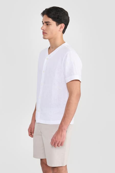 Buy_Perona_White Linen Otto Designer Shirt _Online_at_Aza_Fashions