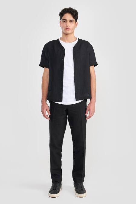 Perona_Black Linen Otto Shirt _Online_at_Aza_Fashions