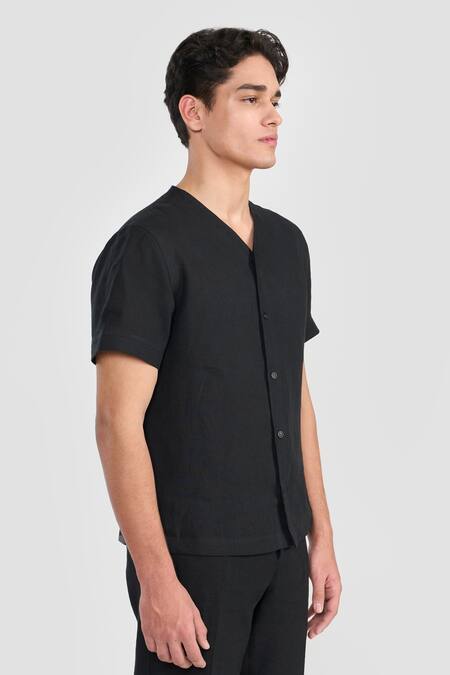 Buy_Perona_Black Linen Otto Shirt _Online_at_Aza_Fashions