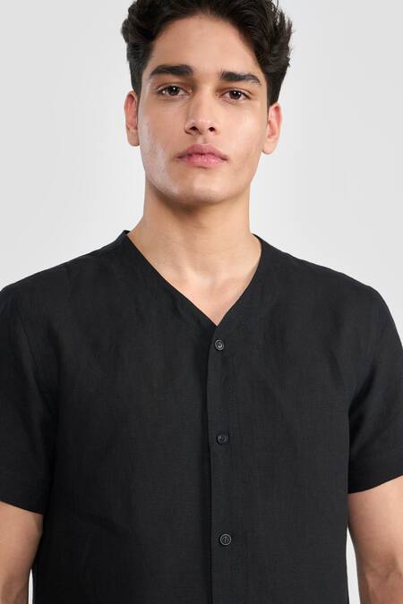 Shop_Perona_Black Linen Otto Shirt _Online_at_Aza_Fashions