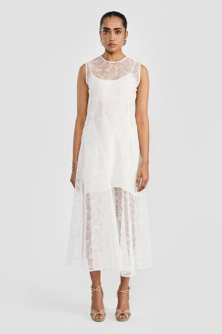 Perona_White Polyester Embroidery Round Neck Designer Angela Dress _Online_at_Aza_Fashions