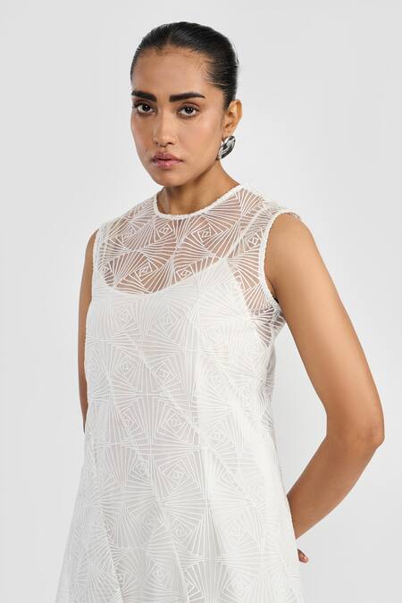 Shop_Perona_White Polyester Embroidery Round Neck Designer Angela Dress _Online_at_Aza_Fashions