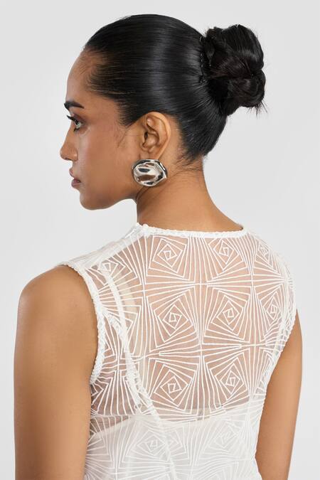 Perona_White Polyester Embroidery Round Neck Designer Angela Dress _at_Aza_Fashions