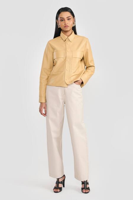 Perona_Yellow Leather Collared Chloe Lamb Jacket _Online_at_Aza_Fashions