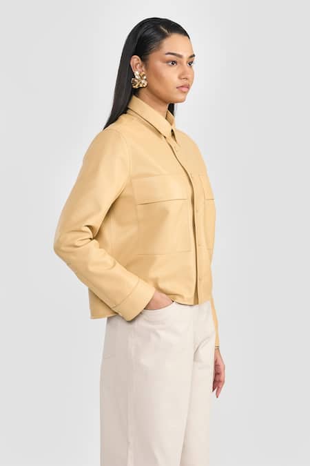 Buy_Perona_Yellow Leather Collared Chloe Lamb Jacket _Online_at_Aza_Fashions