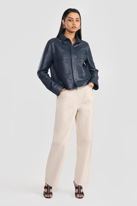 Perona_Navy Leather Collared Azalia Jacket _Online_at_Aza_Fashions