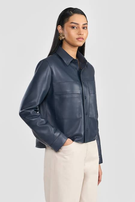 Buy_Perona_Navy Leather Collared Azalia Jacket _Online_at_Aza_Fashions
