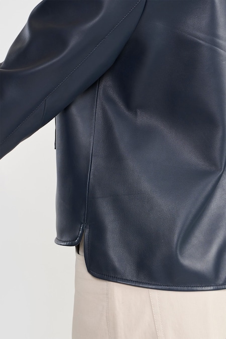 Shop_Perona_Navy Leather Collared Azalia Jacket _Online_at_Aza_Fashions