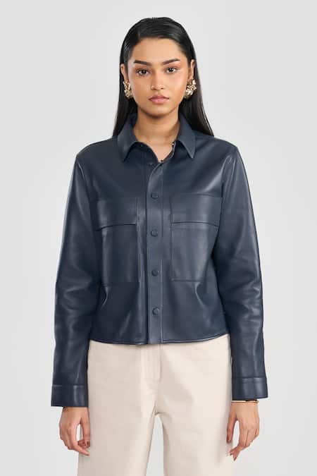 PERONA Navy Leather Collared Azalia Jacket