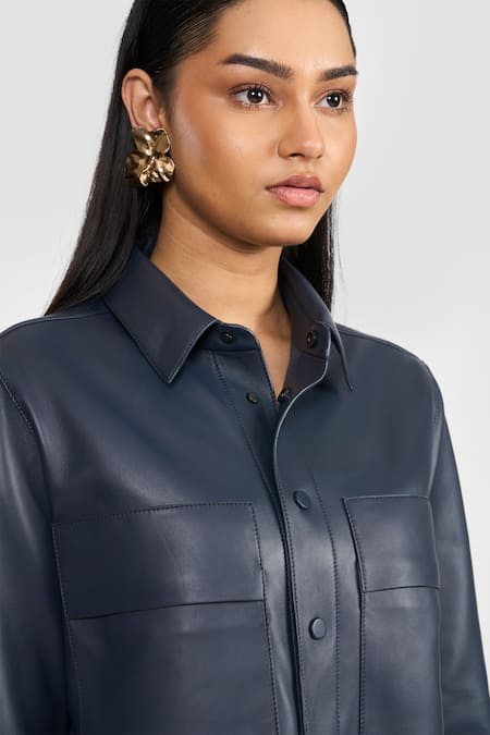 Perona_Navy Leather Collared Azalia Jacket _at_Aza_Fashions
