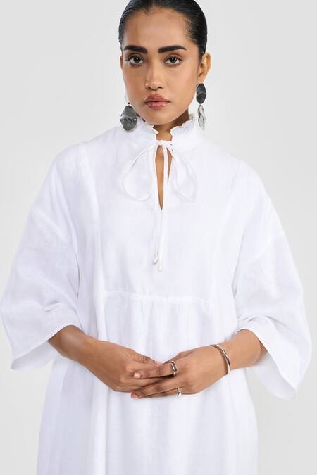 Buy_Perona_White Linen High Neck Elizabeth Dress _Online_at_Aza_Fashions