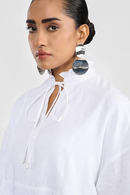 Shop_Perona_White Linen High Neck Elizabeth Dress _Online_at_Aza_Fashions