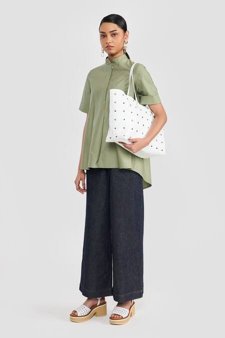 Perona_Green Cotton Mandarin Collar Sage Designer Shirt _Online_at_Aza_Fashions