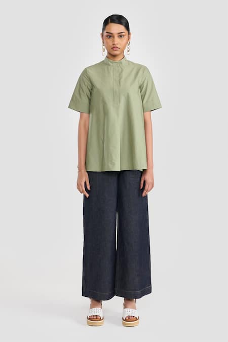 Buy_Perona_Green Cotton Mandarin Collar Sage Designer Shirt _Online_at_Aza_Fashions