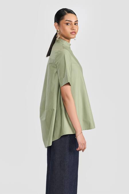 Shop_Perona_Green Cotton Mandarin Collar Sage Designer Shirt _Online_at_Aza_Fashions