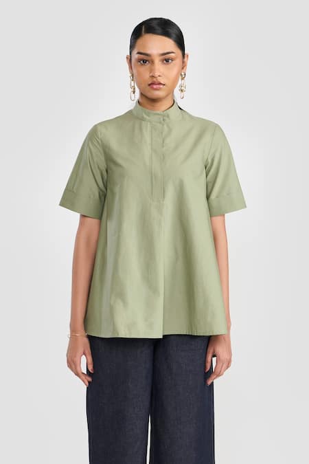 PERONA Green Cotton Mandarin Collar Sage Designer Shirt 