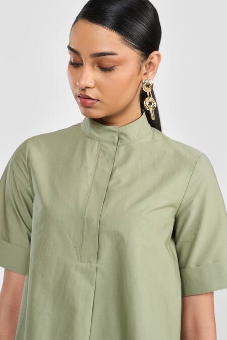 Perona_Green Cotton Mandarin Collar Sage Designer Shirt _at_Aza_Fashions