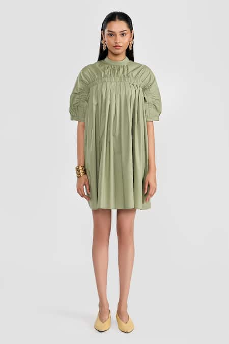 PERONA Green Cotton Round Neck Sage Designer Dress
