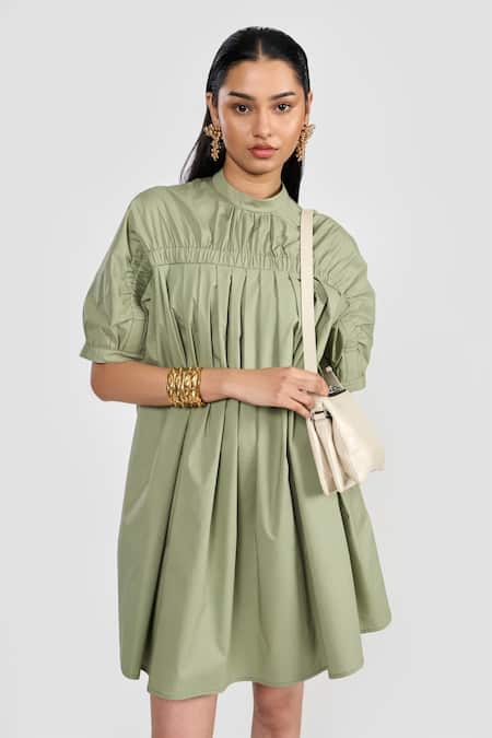 Perona_Green Cotton Round Neck Sage Designer Dress _Online_at_Aza_Fashions