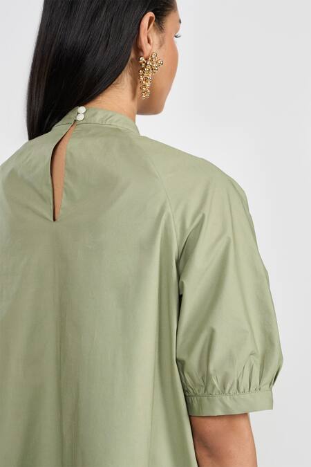 Buy_Perona_Green Cotton Round Neck Sage Designer Dress _Online_at_Aza_Fashions