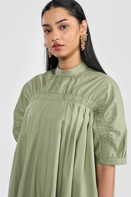 Shop_Perona_Green Cotton Round Neck Sage Designer Dress _Online_at_Aza_Fashions
