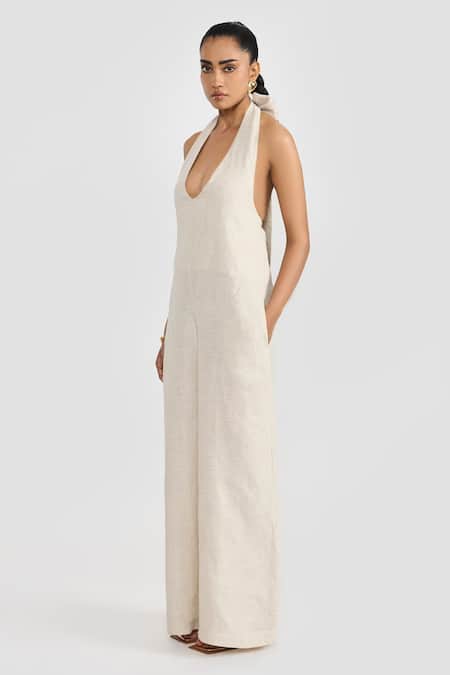 Perona_Beige Linen Halter Neck Leilani Jumpsuit _Online_at_Aza_Fashions