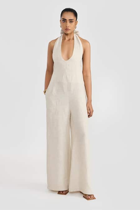 PERONA Beige Linen Halter Neck Leilani Jumpsuit 