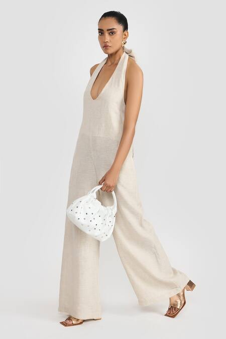 Buy_Perona_Beige Linen Halter Neck Leilani Jumpsuit _Online_at_Aza_Fashions