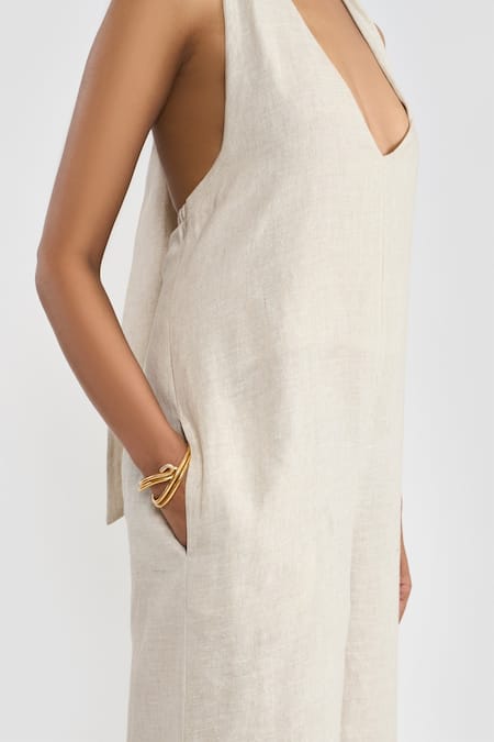 Perona_Beige Linen Halter Neck Leilani Jumpsuit _at_Aza_Fashions