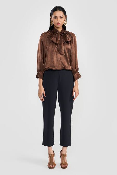 Perona_Brown Polyester Open Neck Designer Maya Top _Online_at_Aza_Fashions