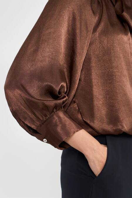 Buy_Perona_Brown Polyester Open Neck Designer Maya Top _Online_at_Aza_Fashions